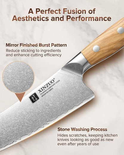 XINZUO Gyuto Chef Knife - 8.3 Inch Kitchen Knife 3 Layer 10Cr15Comov Steel Core High Carbon Steel Blade, Sharp Cutting Knife With Olive Wood + Stainless Steel Rivet Handle