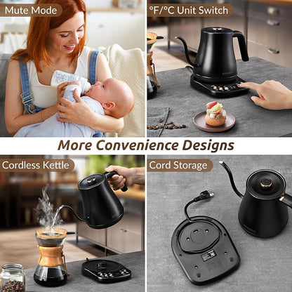 RONGBEST Electric Gooseneck Kettle 1L, 6 Temperature Control Presets, 1200W Quick Heating Water Pour Over Coffee & Tea Pot with Auto Shut-off & Keep-warm, Stainless Steel Inner & Lid, Matte Black