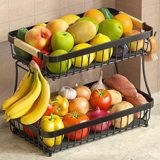 Sevenblue 2 Tier Large Fruit Basket for Kitchen Counter with 2 Mobile Banana Hangers, 2026 Pro Detachable Metal Fruit Bowl with Wooden Handle (Black, 2 Tier Extra Large)