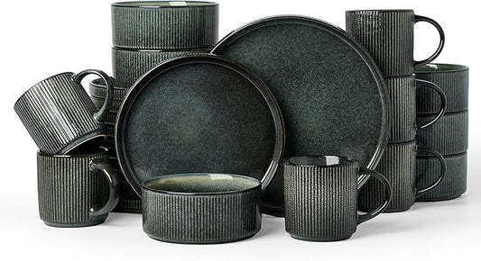 Famiware Star 24-Piece Stoneware Dinnerware Sets, Service for 6 - Reactive Glaze Mugs, Plates and Bowls, Dishes for Everyday/Formal Use, Chip/Scratch Resistant, Microwave/Dishwasher Safe, Deep Forest