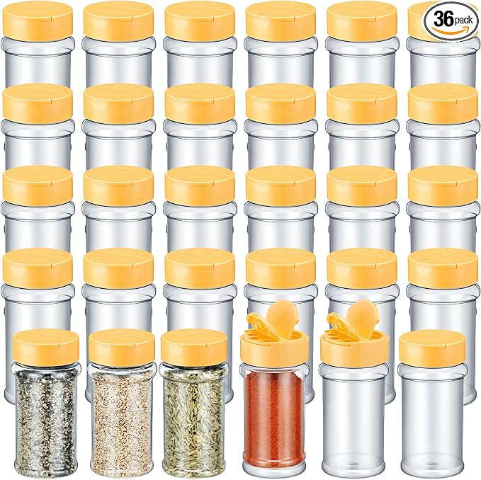 Jadive 36 Pcs 5.5 oz Plastic Spice Jars with Shaker Lids Clear Spice Bottles Plastic Seasoning Containers Empty Shaker for Kitchen Storing Herbs Seasoning Powders Pepper Dry Goods (Yellow)