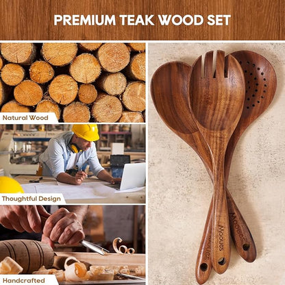 Mooues Wooden Spoons for Cooking, Wooden Utensils for Cooking Natural Teak Wooden Kitchen Utensils Set Comfort Grip (8 PCS SET)