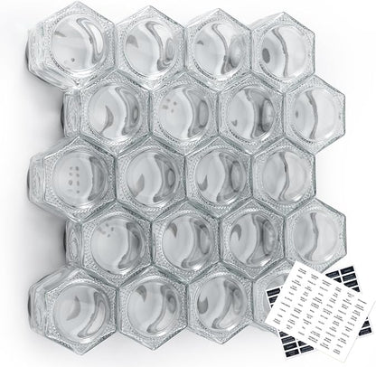 Homazing Set of 20 Large 4oz Magnetic Spice Jars for Refrigerator, Hexagon Glass Magnetic Spice Jars with Shaker Lids and Labels for Kitchen RV Travel Trailer, Magnetic Spice Containers for Fridge