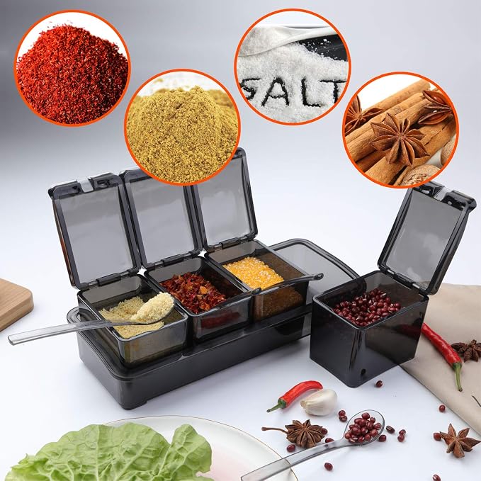 V·RESOURCING [ New Version Elegant Black Seasoning Box, 4 Pieces Seasoning Storage Container Cruet for Home Kitchen,Condiment Jars with Cover and Spoon for Pepper Spice Salt Sugar Storage