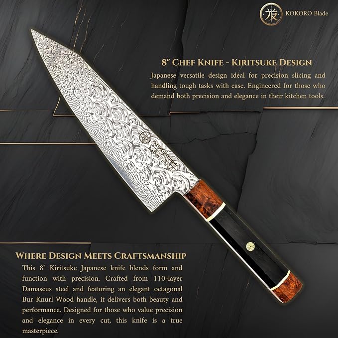 8” Kiritsuke Chef Knife – 110-Layer Damascus Steel, Dual Core, Octagonal Wood Handle, Razor Sharp – from British Fusion Atelier KOKORO – A Signature Gift for Ambitious Cooks