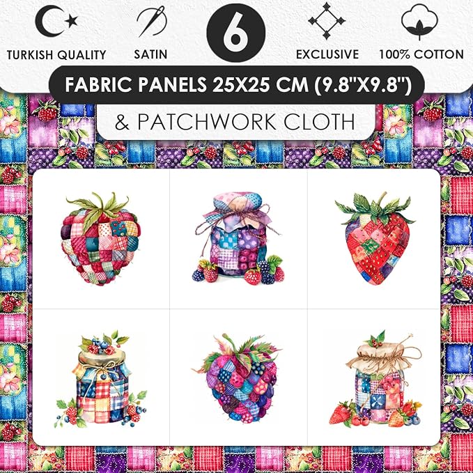Patchwork Berry Jar Cotton Fabric Panel – 6 Designs (10×10 inch Each) + Bonus Sheet 29.5×19.6 inch, 100% Cotton 140 GSM, Made in Türkiye