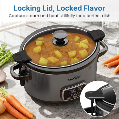 4QT Slow Cooker, Programmable Pot with Removable Ceramic Pot, Locking Lid, 3 Heating Settings & Time Control,Dishwasher-safe Lid & Pot, Grey