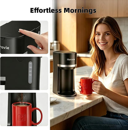 Horavie Small Single Serve Coffee Maker for K Cup and Grounds, Fast Brew One Cup Coffee Machine with One Button, 6 to 12 oz. Brew Sizes, Perfect for Home and Travel, Black