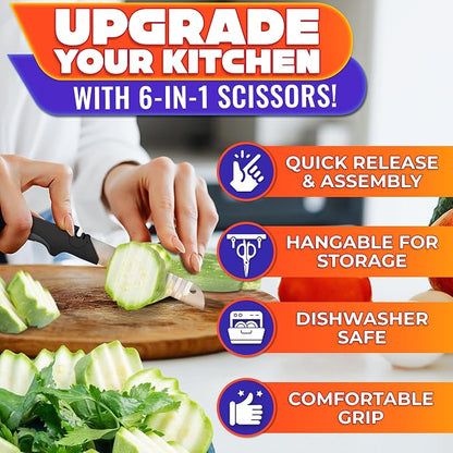 6-in-1 Cutting Board Scissors - Stainless Steel Kitchen Tool with Ribbed Blade, Automatic Spring & Safety Lock - Slice Meat, Fish, Bread, Veggies & Fruit on the Spot - Dishwasher Safe Cheese Scissors