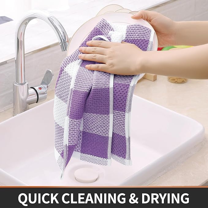 Homaxy 100% Cotton Waffle Weave Check Plaid Kitchen Towels, 13 x 28 Inches, Super Soft and Absorbent Dish Towels for Drying Dishes, 4-Pack, White & Purple