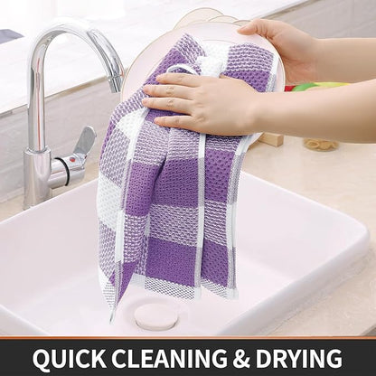 Homaxy 100% Cotton Waffle Weave Check Plaid Kitchen Towels, 13 x 28 Inches, Super Soft and Absorbent Dish Towels for Drying Dishes, 4-Pack, White & Purple