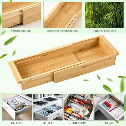 LemonRoad 1 Pcs Sliding Drawer Organizer 12.4-17.7 Inch Bin Bamboo Drawer Expandable Bins Utensil Organizer for Kitchen Spoons Forks Knives (Wood)