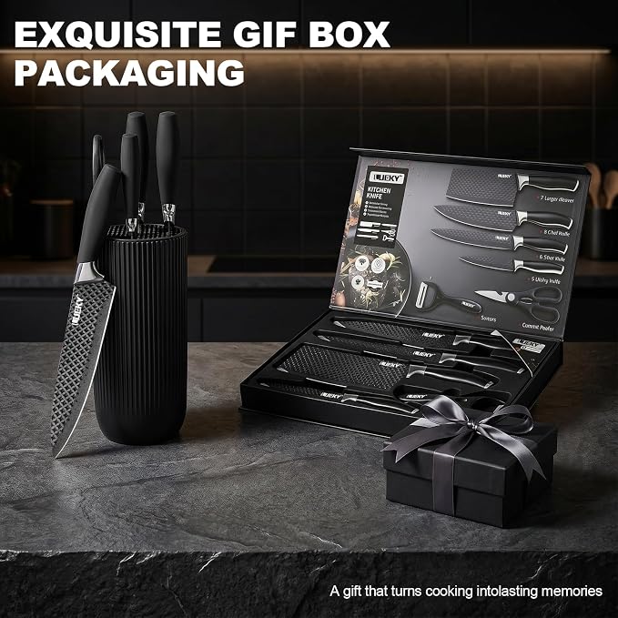 Knife Set, 8 Pieces Kitchen knife Set with Healthy Anti-Rust Coating, Stainless Steel Professional Chef Knife Set with Block, Sharp Kitchen Knives Set with Block for Home Cooking, Dishwasher Safe