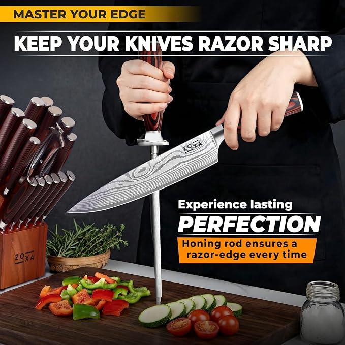 Kitchen Knife Set with Block, 17-Piece Stainless Steel Knife Set, Kitchen Knives Including Chef Knife, Steak Knives, Honing Rod and Kitchen Scissors, Knife Block Set