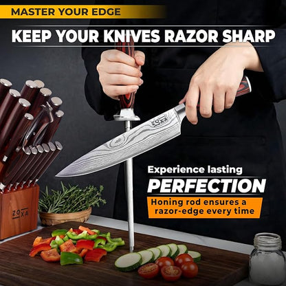 Kitchen Knife Set with Block, 17-Piece Stainless Steel Knife Set, Kitchen Knives Including Chef Knife, Steak Knives, Honing Rod and Kitchen Scissors, Knife Block Set