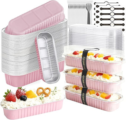 Mini Cake Pans with Lids and Spoons 200 Pack, Mini Loaf Pans with lids 6.8oz, Small Disposable Aluminum Foil Loaf Pans, Rectangular Baking Container for Party, Picnics and Birthday (Pink)