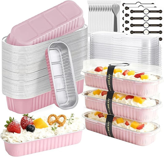 Mini Cake Pans with Lids and Spoons 200 Pack, Mini Loaf Pans with lids 6.8oz, Small Disposable Aluminum Foil Loaf Pans, Rectangular Baking Container for Party, Picnics and Birthday (Pink)