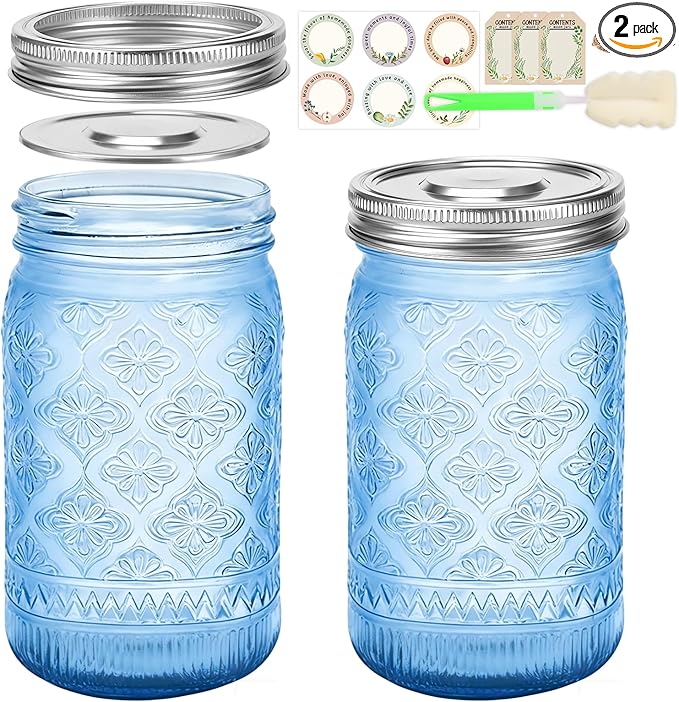 Blue Mason Jars 32 oz with Stainless Steel Leakproof Lids, 2 Pack Wide Mouth Colored Glass Jars for DIY Crafts, Wedding Centerpieces, Home Decor, Flower Vase, Bathroom Storage