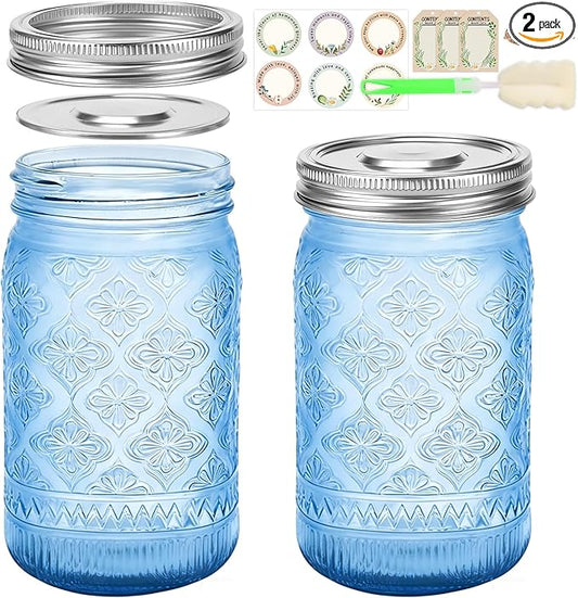 Blue Mason Jars 32 oz with Stainless Steel Leakproof Lids, 2 Pack Wide Mouth Colored Glass Jars for DIY Crafts, Wedding Centerpieces, Home Decor, Flower Vase, Bathroom Storage