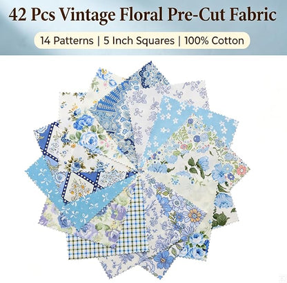 Nodsaw 42pcs 5" Vintage Blue Floral Cotton Fabric Squares - Precut Fabric Quilting Charm Pack - Assorted Print Quilt Fabric Squares 5x5 inch for Sewing, DIY Crafts, and Home Decor, Sunshine Blooms