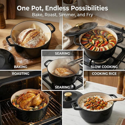 7QT Enamel Cast Iron Dutch Oven with Lid,Dual Handles,Versatile Heavy-Duty Non-toxic Cookware for Sourdough Bread Baking,Braising,Stews,Roasting,Oven Safe up to 500°F black