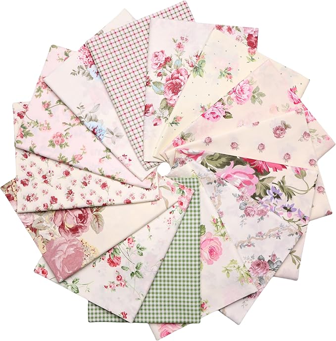 Nodsaw 14-Pieces Vintage Floral Fat Quarters Fabric Bundles Pre-Cuts 18" x 22" - Retro Floral, Rose & Check Prints Cotton Fabric for Quilting, Sewing, Patchwork, and DIY Crafts