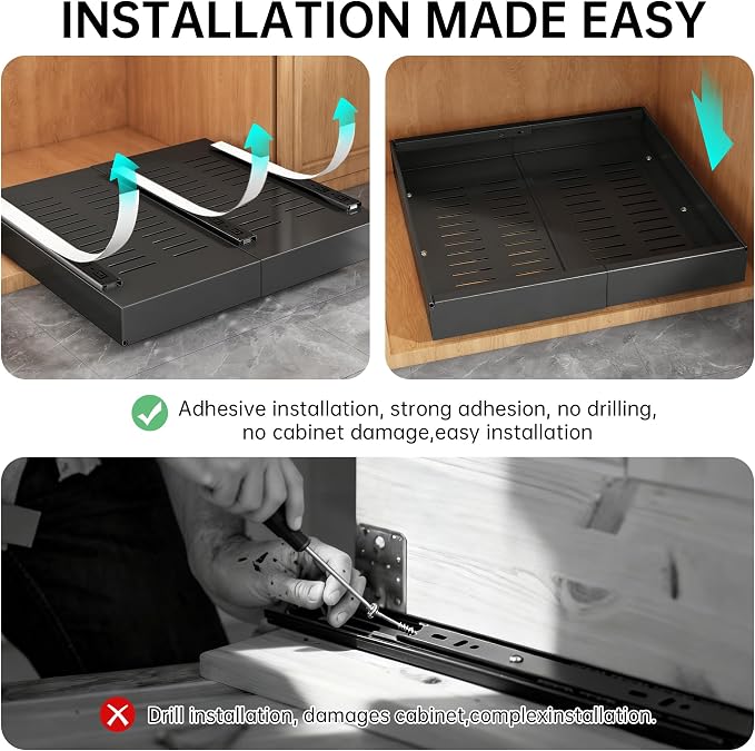 Pull out Cabinet Organizer, 1 pack, 16.5" Deep Heavy Slide out Drawers, Upgrade Three Triple-Slide Rail Systems, Expandable 12.8"-20.8" Roll out Shelf Storage for Kitchen Base Cabinet Organization