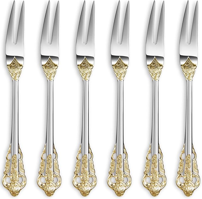 KEAWELL Luxury 6.3" Food Fork/Seafood Forks 18/10 Stainless Steel, Set of 6, Fruit Picks/Cocktail Forks/Charcuterie Accessories/Cocktail Picks for Appetizer, Cocktail, Pastry, Dessert (Gold Accent)