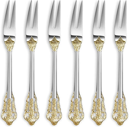 KEAWELL Luxury 6.3" Food Fork/Seafood Forks 18/10 Stainless Steel, Set of 6, Fruit Picks/Cocktail Forks/Charcuterie Accessories/Cocktail Picks for Appetizer, Cocktail, Pastry, Dessert (Gold Accent)
