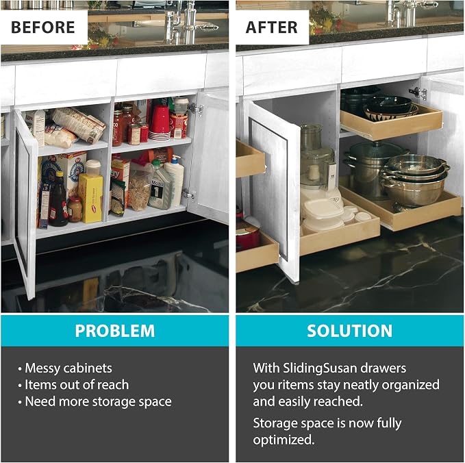 SlidingSusan Hard Maple Pull Out Cabinet Drawer Organizer 20 Inch Wide x 21 Inch Deep Soft Close Sliding Shelf for Kitchen Cabinets, Pantry & Storage Areas, Heavy Duty Wooden Pullout Inserts