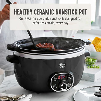GreenLife 6QT Slow Cooker, Non-Toxic PFAS-Free Ceramic Nonstick Removable Interior Bowl, Programmable, Family Friendly, Keep Warm, Stovetop & Oven Safe, Dishwasher Safe Crock, Timer, Glass Lid, Black