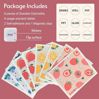 Eulnars Swedish Dishcloths for Kitchen, 8 Pack Reusable Paper Towels with Clips, Non-Scratch Swedish Dish Towels, Super Absorbent Cellulose Sponge Cloths, Eco Friendly Gifts