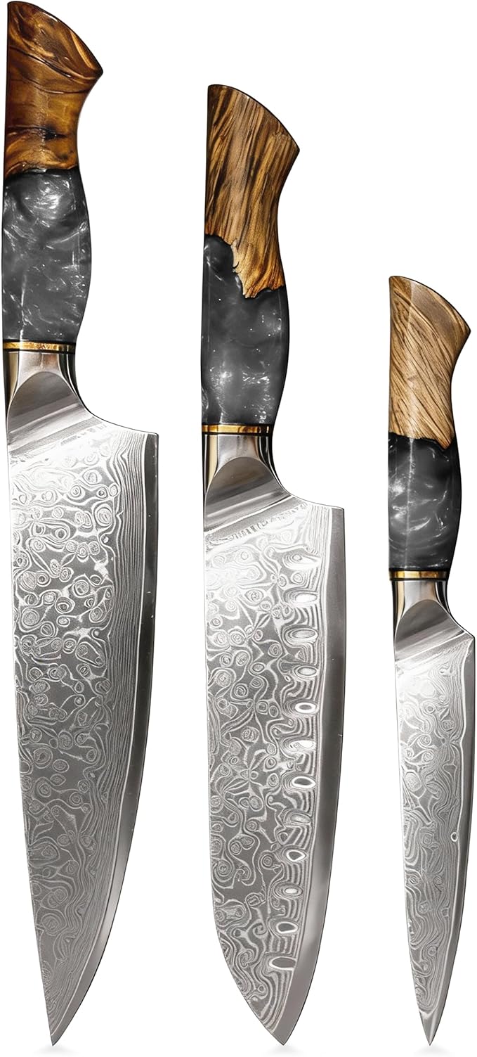 Damascus Kitchen Knife Set | 67-Layer Damascus Steel | Professional Set: 13” Chef, 12.3” Santoku & 9.8” Utility Knife | Ergonomic Wood & Resin Handle | Gift Box Included (Black, 3-Piece Set)