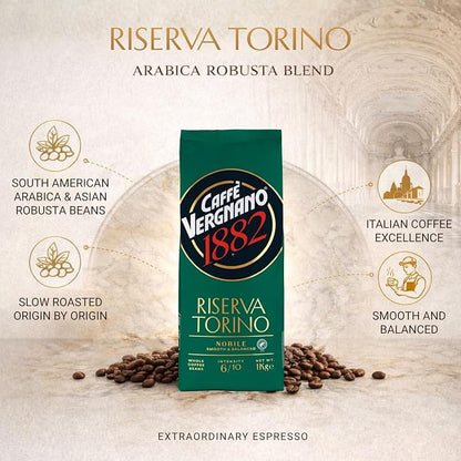 Caffe Vergnano Riserva Torino Nobile Arabica Robusta Coffee Beans, 2.2 lb Bag - Light Roast Whole Bean Espresso for French Press, Drip Coffee Maker, Automatic Coffee Machine & Moka Pot