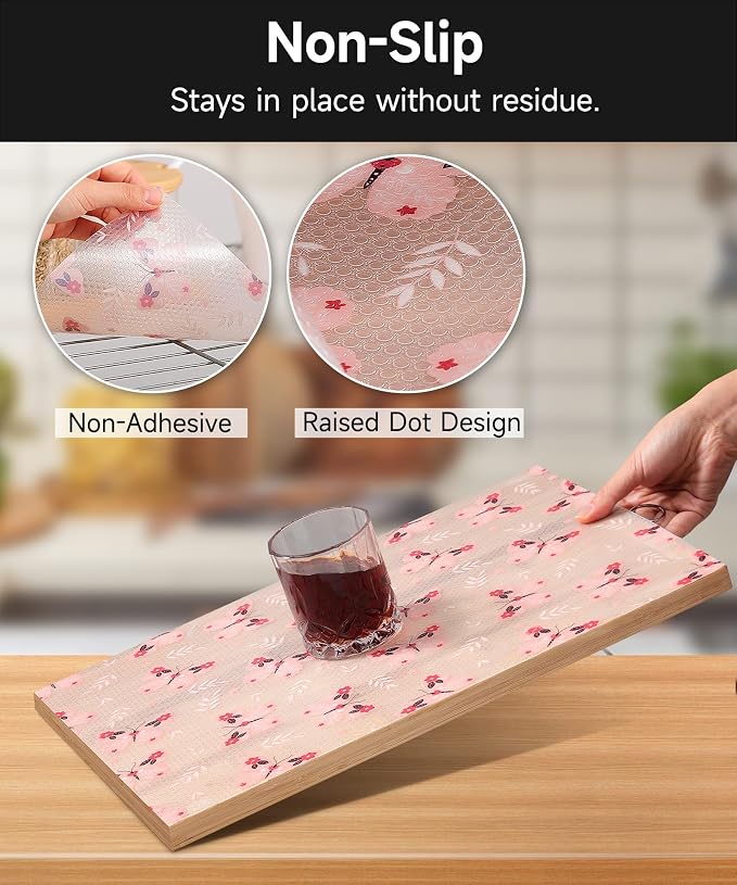 Shelf Liner for Kitchen Cabinets - Non-Adhesive Waterproof and Oil-Proof Drawer Liner, Reusable Protector for Dresser, Wire Shelf, Cupboards(Pink Butterfly, 17.7" W x 360" L)