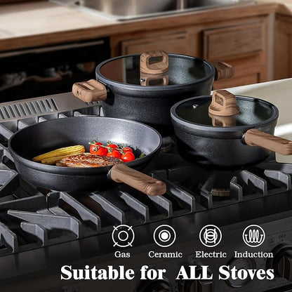 SENSARTE 20Pcs Nonstick Pots and Pans Set, Black Non Stick Cookware Set, Healthy Kitchen Cooking Set, Induction Compatible, Dishwasher Safe, PFOA/PFOS Free