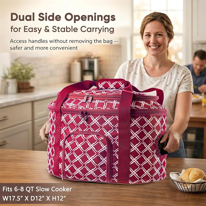 BAGSPRITE Double-layer Slow Cooker Carrying Case for Crock Pot 6-8 Quart, Insulated Crockpot Carrier with Adjustable Lid Straps,Portable Slow Cooker Travel Bag for Potluck, Parties, Family Gatherings