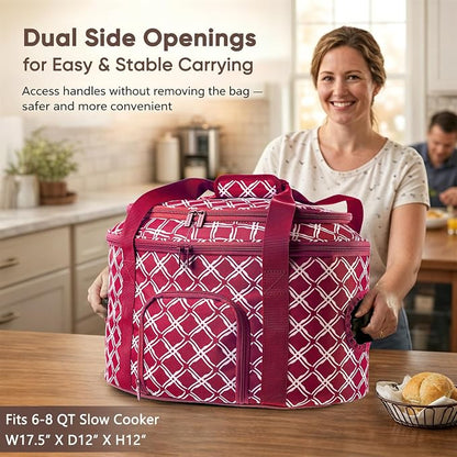 BAGSPRITE Double-layer Slow Cooker Carrying Case for Crock Pot 6-8 Quart, Insulated Crockpot Carrier with Adjustable Lid Straps,Portable Slow Cooker Travel Bag for Potluck, Parties, Family Gatherings