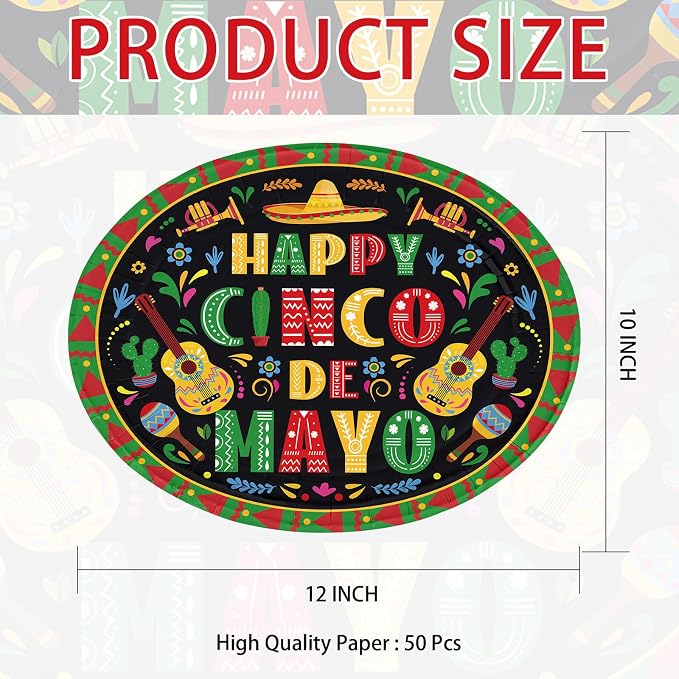 50Pcs Cinco De Mayo Oval Paper Plates 10" x 12" Large Disposable Heavy Duty Mexican Fiesta Paper Platters Black Mexico Taco Fiesta Dessert Plates for Mexican Cinco De Mayo Festive Party Supplies