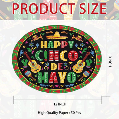 50Pcs Cinco De Mayo Oval Paper Plates 10" x 12" Large Disposable Heavy Duty Mexican Fiesta Paper Platters Black Mexico Taco Fiesta Dessert Plates for Mexican Cinco De Mayo Festive Party Supplies