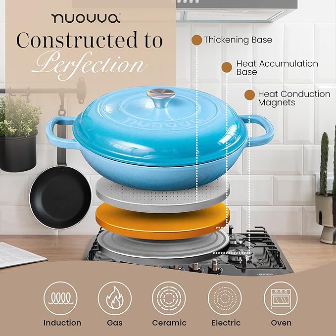 Shallow Cast Iron Casserole with Lid – Non Stick Dutch Oven Pot, Oven Safe up to 500° F – Sturdy Ovenproof Stockpot Cookware – Enamelled Cooking Pot – Blue, 3.7-Quart, 30cm – by Nuovva