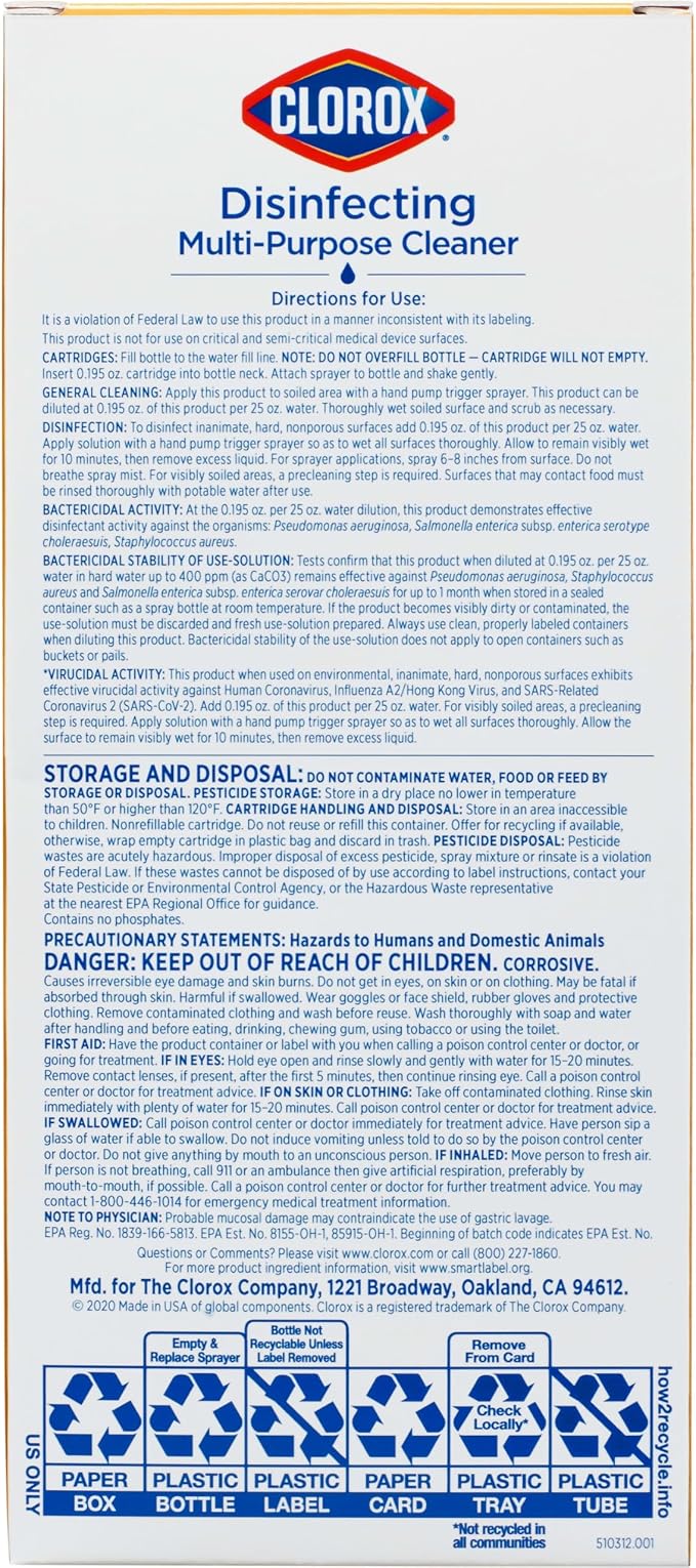 Clorox Disinfecting Multi-Purpose Cleaner Starter Kit, Household Essentials, One Reusable Spray Bottle Plus 2 Refills