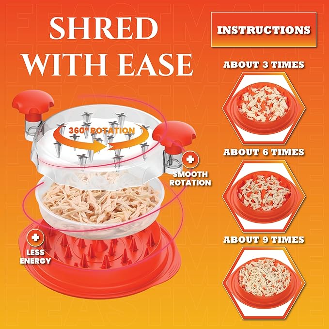 Orange Chicken Shredder Tool Twist 10" Upgraded 3-Layer Meat Shredder for Chicken Breast, Pork & Beef | Transparent Visible Lid Food Shredder with Removable Plate, Non-Slip Base, BPA-Free