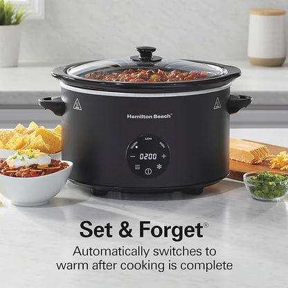 Hamilton Beach 6 Quart Set & Forget Programmable Slow Cooker with Defrost Function, Flexible Programming, Adjustable Countdown Timer, Large Dishwasher Safe Stoneware Crock and Glass Lid, Black (33765)