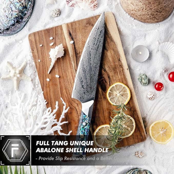 FANTECK Chef Knife 8 Inch,Damascus Japanese Professional High Carbon 67-layers VG10 Kitchen Cooking Knife,Super Sharp Stainless Steel Chef Knives with Full Tang Abalone Shell Handle-Walnut Wood Cover