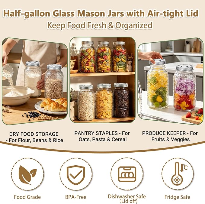 64oz Mason Jars Wide Mouth 1-Pack, Half Gallon Glass Canning Jars with Stainless Steel Airtight Lids, Large Glass Containers for Pantry Storage, Fermenting, Pickling, Cold Brew, DIY Projects