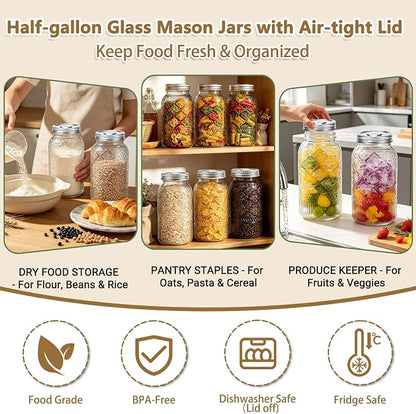 64oz Mason Jars Wide Mouth 1-Pack, Half Gallon Glass Canning Jars with Stainless Steel Airtight Lids, Large Glass Containers for Pantry Storage, Fermenting, Pickling, Cold Brew, DIY Projects