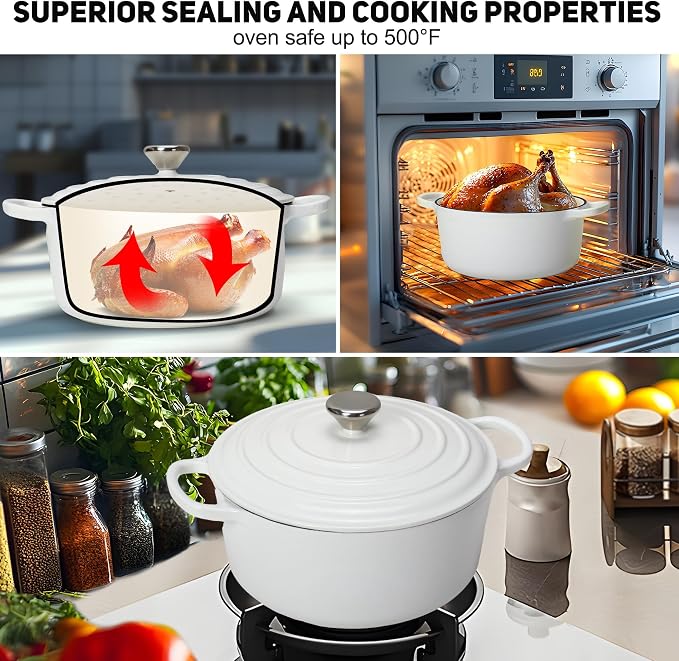 5QT Enameled Cast Iron Dutch Oven for Bread Baking with Lid, Sourdough Baking Supplies with Proofing Basket, Bread Making Tools Set, Heavy-Duty Cookware for Braising, Stews, Roasting (White)