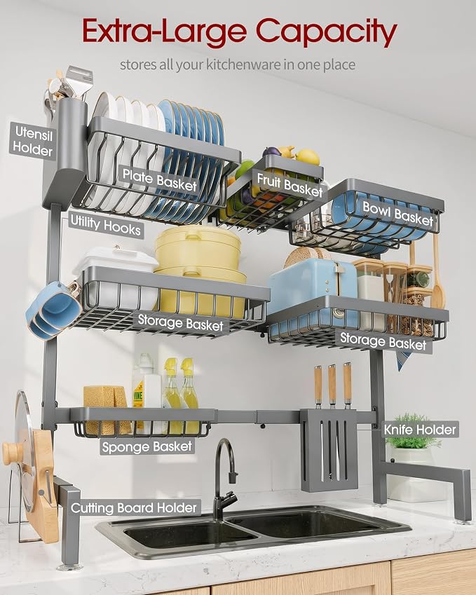 Sakugi Dish Drying Rack - Over The Sink Dish Drainer Drying Rack with Utensil & Knife Holder, Hooks, Stainless Steel Kitchen Organizers and Storage Solution, 11.8" D x 31.5"~39.0''W x 30" H, Gray