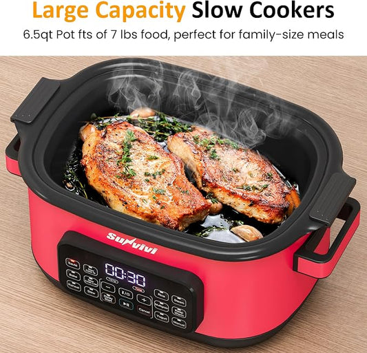 Sunvivi 12-in-1 Multi Cooker, 6.5QT Programmable Slow Cooker with Timer & Temp Control, Auto Warm Setting, Delay Start, Dishwasher Safe Lid & Removable Nonstick Crock, Stainless Steel Rack, Red